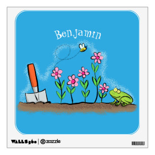 Cute frog and bee in garden cartoon illustration wall decal