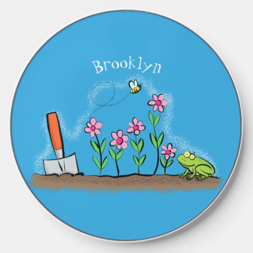 Cute frog and bee in garden cartoon illustration wireless charger 