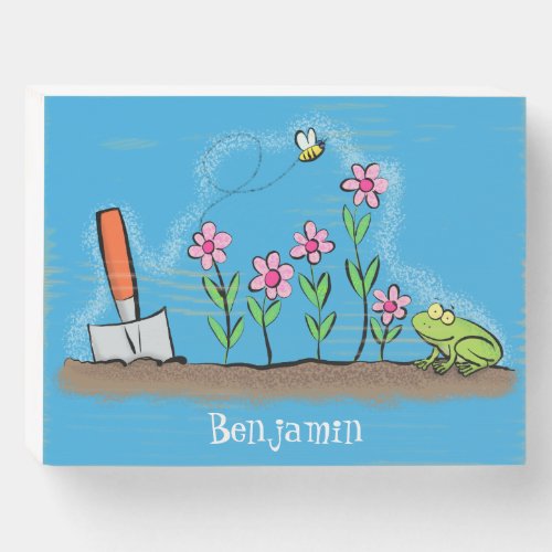 Cute frog and bee in garden cartoon illustration wooden box sign