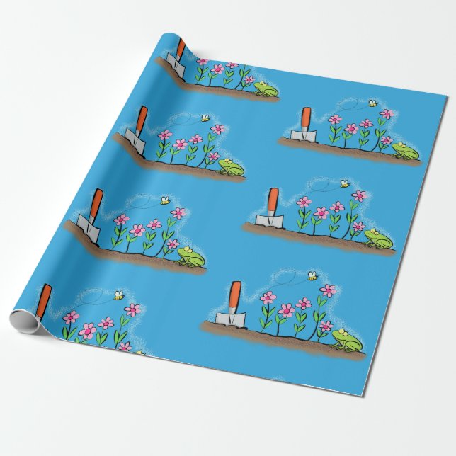 Cute frog and bee in garden cartoon illustration wrapping paper (Unrolled)