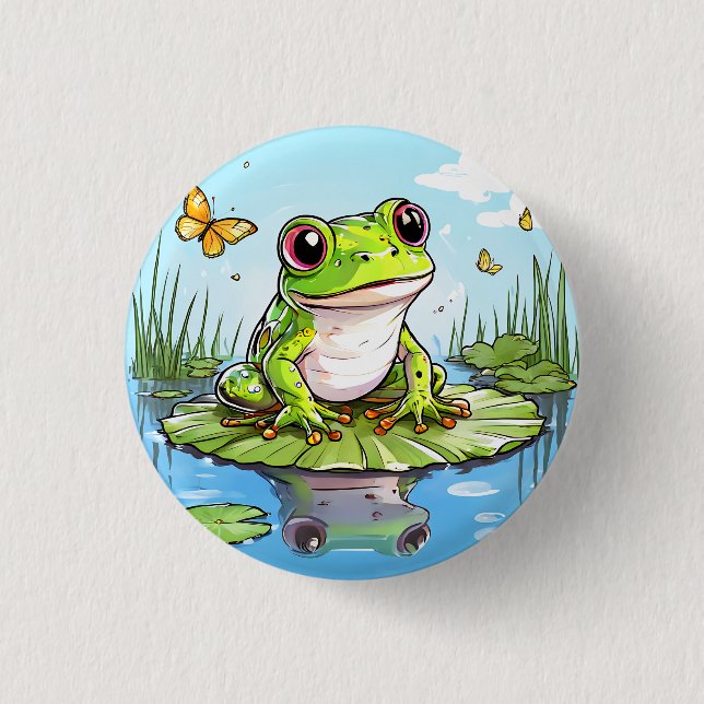 Cute Frog and Butterflies on Lily Pad Button (Front)