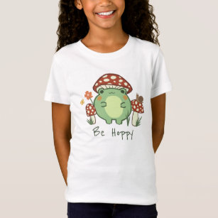 Cute Frog and Mushrooms Be Hoppy Cartoon  T-Shirt