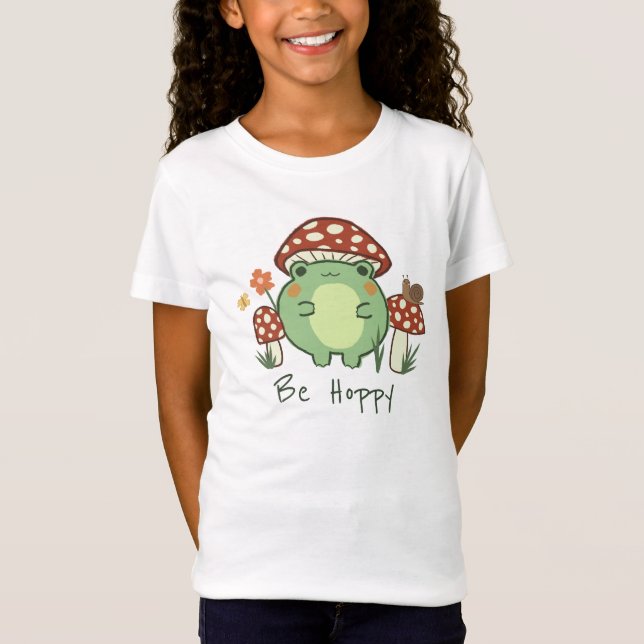 Cute Frog and Mushrooms Be Hoppy Cartoon  T-Shirt (Front)