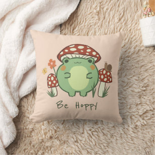 Cute Frog and Mushrooms Be Hoppy Cartoon  Throw Pillow