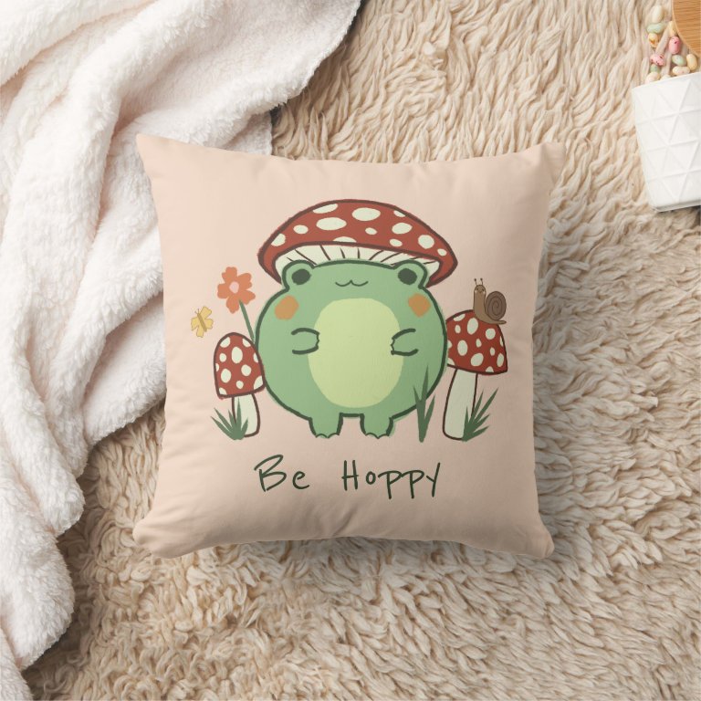 Cute Frog and Mushrooms Be Hoppy Cartoon Throw Pillow