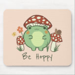 Cute Frog and Mushrooms Be Hoppy Mousepad<br><div class="desc">This cute mousepad features a hand-drawn kawaii style cartoon frog, wearing a mushroom hat, along with other mushrooms, a snail, a flower, a butterfly, and grass. A color scheme of red, lime, green, brown, orange, yellow, and peach is perfect for either the Indie or Cottage Core Aesthetic lover. Text reads,...</div>