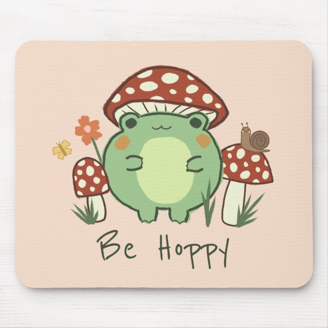 Cute Frog and Mushrooms Be Hoppy Mousepad (Front)