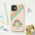 Cute Frog and Mushrooms Cartoon | Name iPhone 12 Case<br><div class="desc">This cute phone case features a hand-drawn kawaii style cartoon frog, wearing a mushroom hat, along with other mushrooms, a snail, a flower, a butterfly, and grass. A color scheme of red, lime, green, brown, orange, yellow, and peach is perfect for either the Indie or Cottage Core Aesthetic lover. A...</div>