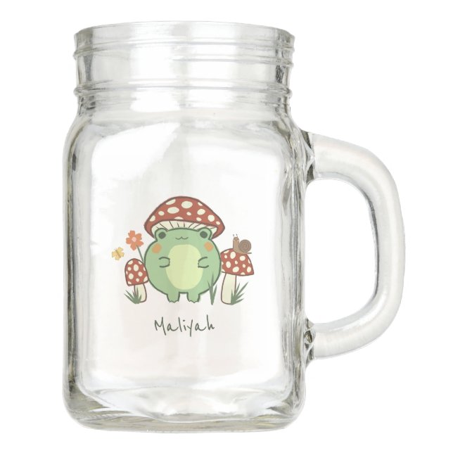 Cute Frog and Mushrooms Cartoon | Name  Mason Jar (Front)