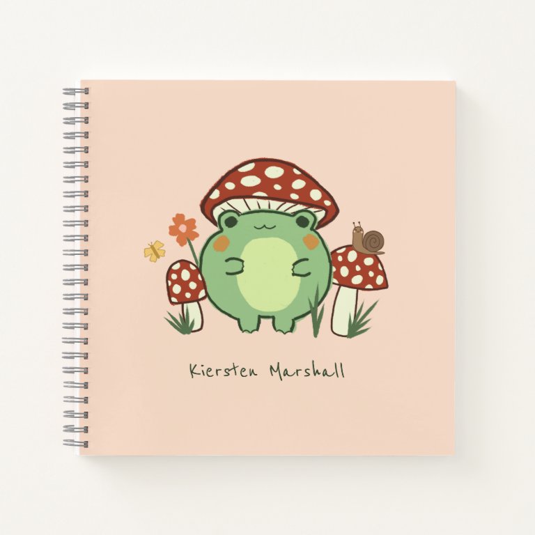 Cute Frog and Mushrooms Cartoon | Name Notebook