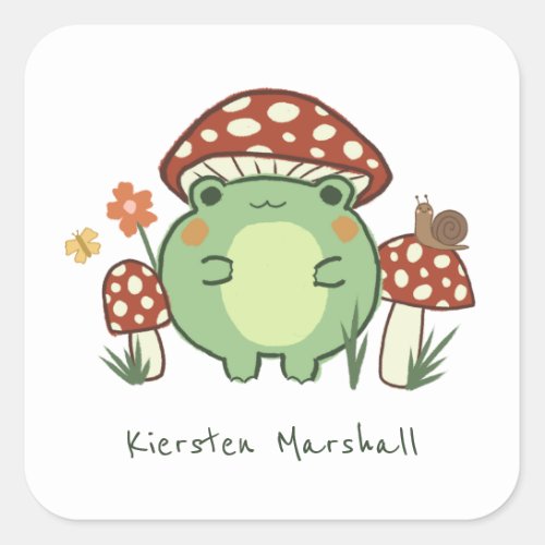 Cute Frog and Mushrooms Cartoon  Name  Square Sticker