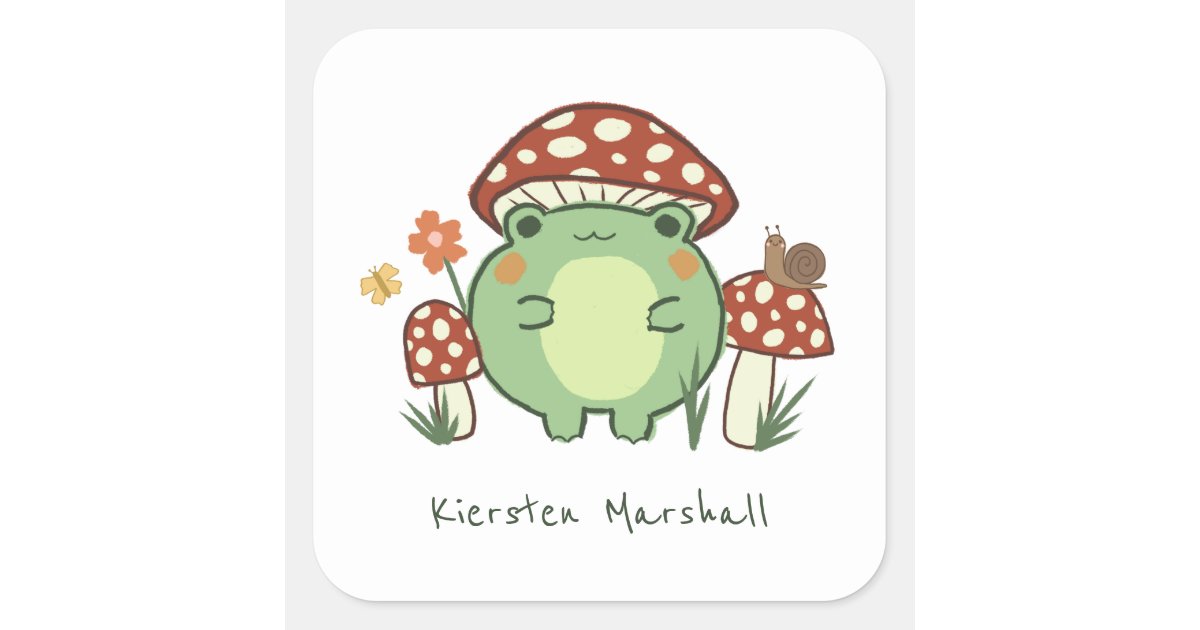 Cute Frog and Mushrooms Cartoon, Name Square Sticker