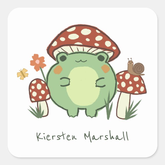 Cute Frog and Mushrooms Cartoon | Name  Square Sticker (Front)