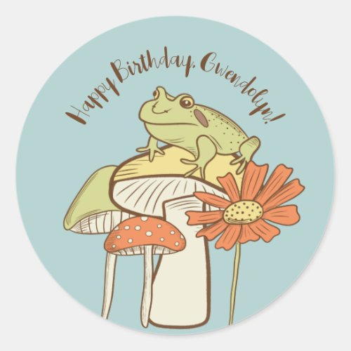 Cute Frog and Mushrooms Cottagecore Personalized Classic Round Sticker