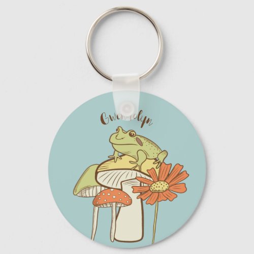 Cute Frog and Mushrooms Cottagecore Personalized Keychain