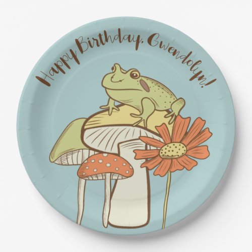 Cute Frog and Mushrooms Cottagecore Personalized Paper Plates