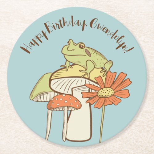 Cute Frog and Mushrooms Cottagecore Personalized Round Paper Coaster