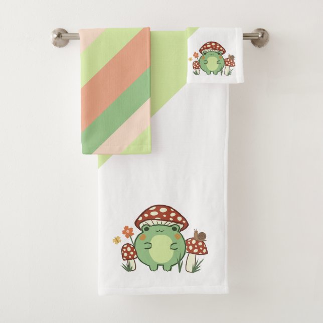 Cute Frog and Mushrooms with Stripes  Bath Towel Set (Insitu)