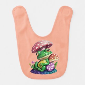 Cute and functional Frog and Mushrooms baby bib features vibrant patterns, soft materials, and hassle-free clean-up. Ideal for keeping your baby stylish and dry.
