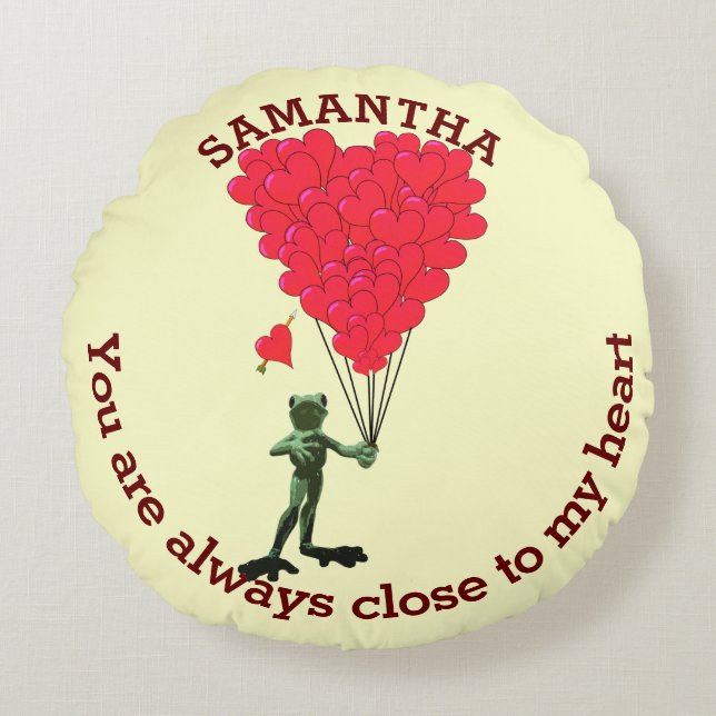 Cute frog and red romantic heart personalized round pillow (Front)
