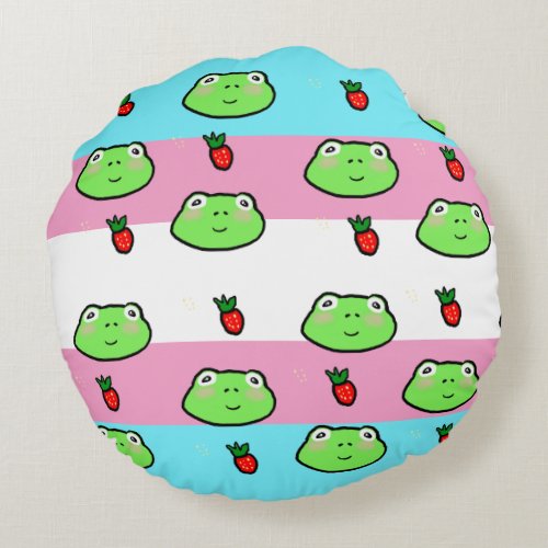 Cute frog and Strawberry Custom Flag Round Pillow