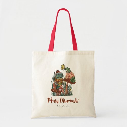 Cute Frog and Toad Merry Mushroom Christmas  Tote 