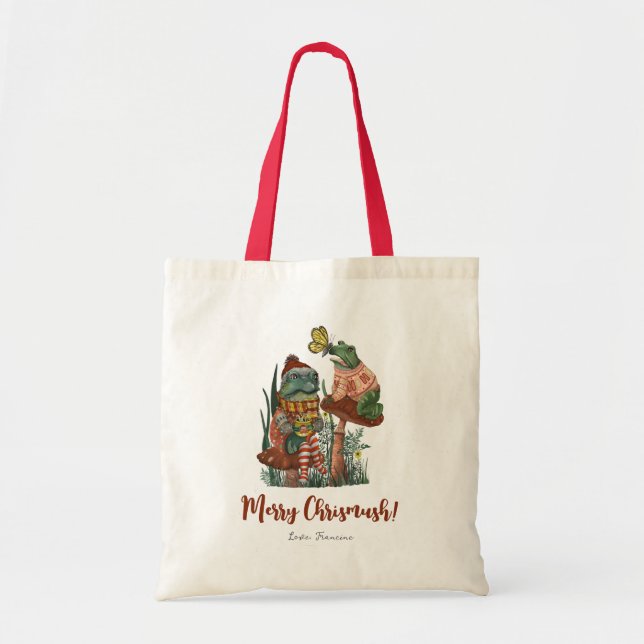 Cute Frog and Toad Merry Mushroom Christmas  Tote  (Front)