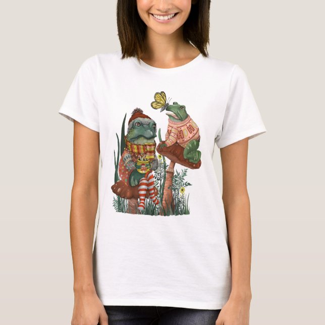 Cute Frog and Toad on Mushroom Christmas  T-Shirt (Front)