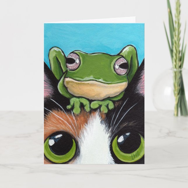 Cute Frog and Tortoiseshell Cat Greeting Card (Front)