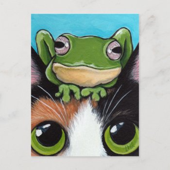 Cute Frog And Tortoiseshell Cat Postcard by LisaMarieArt at Zazzle