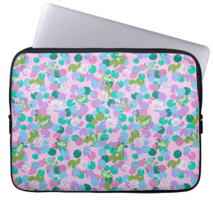 Cute frog art computer sleeve, pink background laptop sleeve
