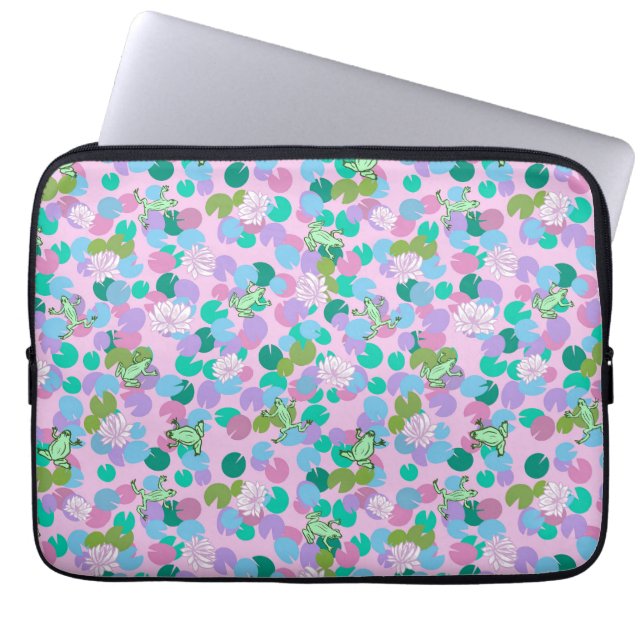 Cute frog art computer sleeve, pink background laptop sleeve (Front)