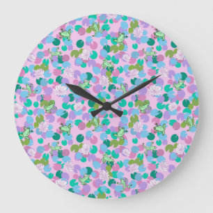 Cute frog art large clock with pink background