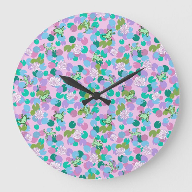 Cute frog art large clock with pink background (Front)