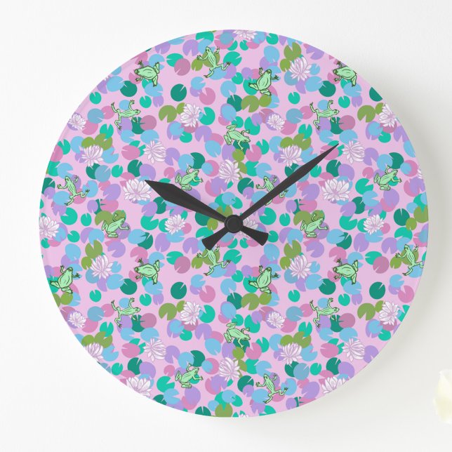 Cute frog art large clock with pink background (Creator Uploaded)