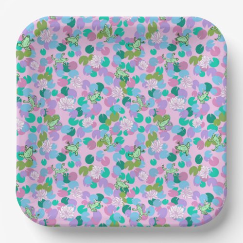 Cute frog art paper plates with pink background
