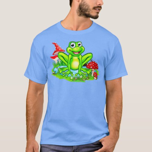 Cute Frog At The Pond And Mushrooms Nature  T_Shirt