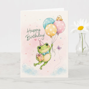 Cute Frog Birthday Balloons Greeting Card