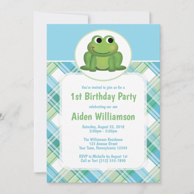 Cute Frog Blue Green Plaid Birthday Invitations (Front)