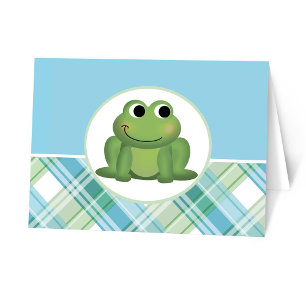 Cute Frog Blue Green Plaid Personalized Note Cards