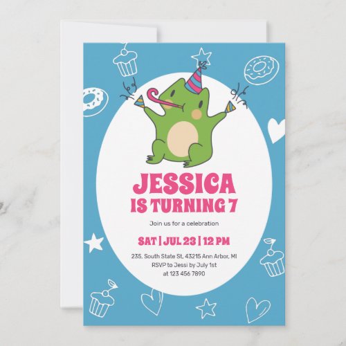 Cute Frog Cartoon Party Animal Kids Birthday Invitation