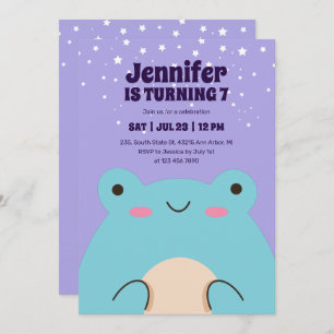 Cute Frog Cartoon Purple Kids Birthday Invitation