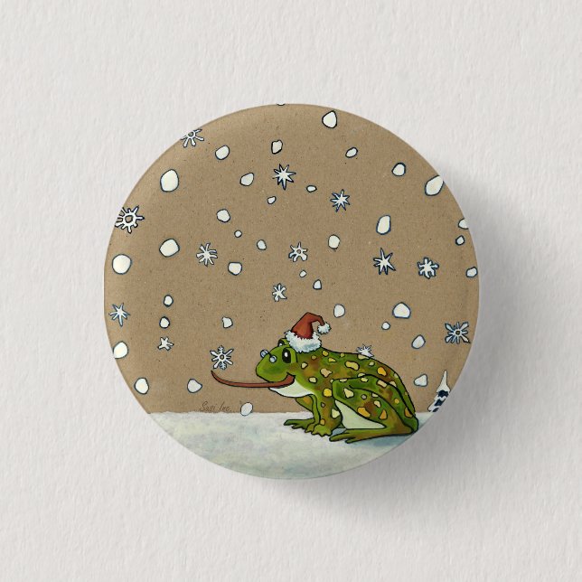 Cute Frog Catching Snowflake with Tongue Button (Front)