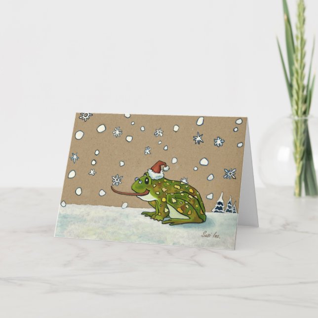 Cute Frog Catching Snowflake with Tongue Holiday Card (Front)