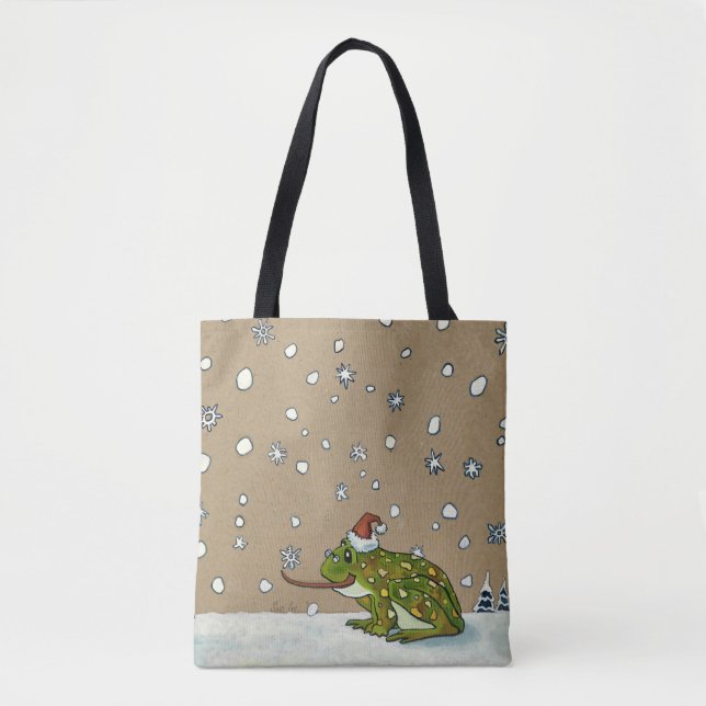 Cute Frog Catching Snowflake with Tongue Tote Bag (Front)