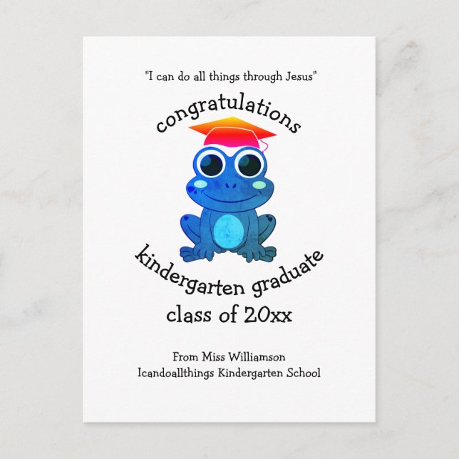 Cute Frog Custom Congrats Kindergarten Graduation Postcard (Front)