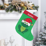 Cute Frog Custom Kids Large Christmas Stocking<br><div class="desc">This beautiful frog Christmas stocking features a cute green froggie wearing a red Santa hat. This adorable personalized kids Christmas stocking is decorated with a lovely green holiday background. Personalize with your own text at the bottom for a classy gift.</div>