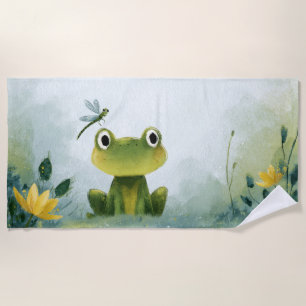 Cute Frog & Dragonfly – Soft Nature Illustration Beach Towel