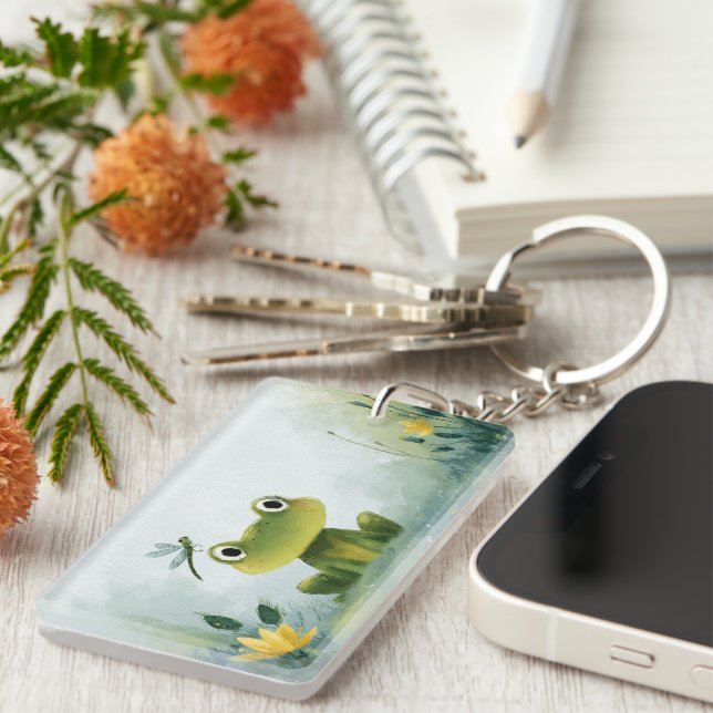 Cute Frog & Dragonfly – Soft Nature Illustration Keychain (Front Right)