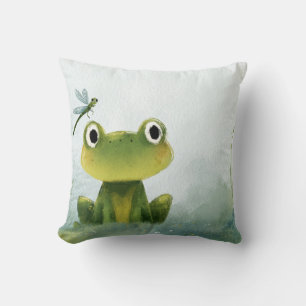 Cute Frog & Dragonfly – Soft Nature Illustration Throw Pillow